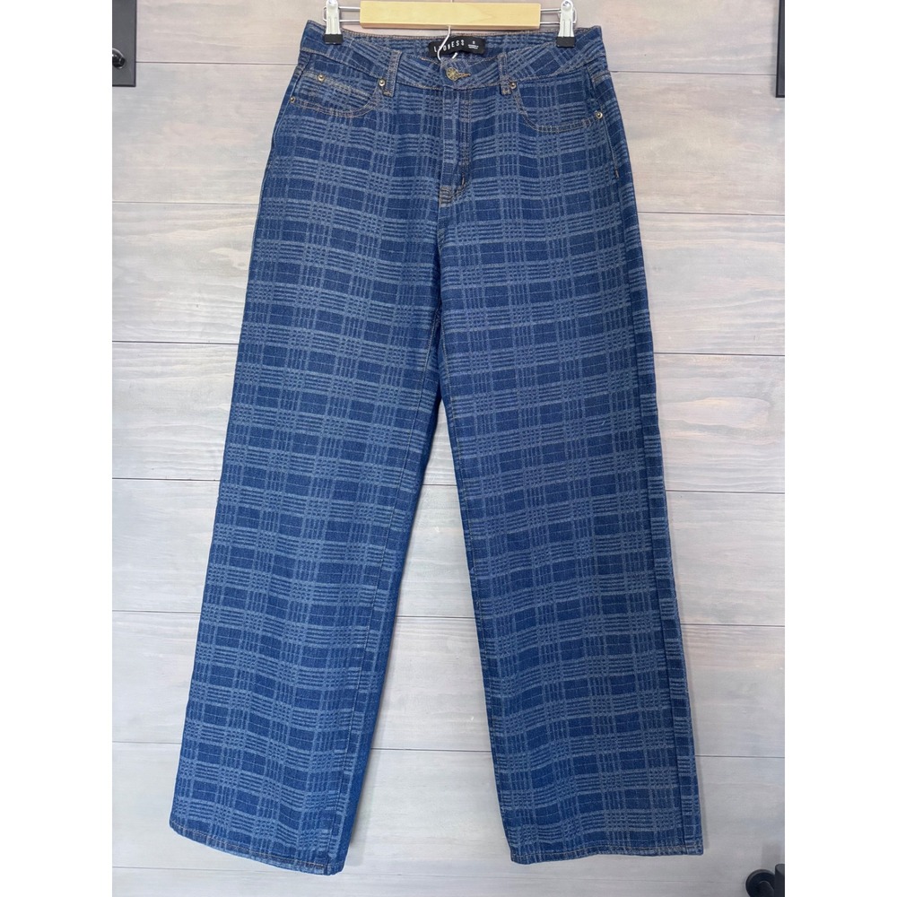 Lioness Top Model Jeans Indigo Plaid Wide Leg High Waisted Denim Pants Small - Picture 4 of 8